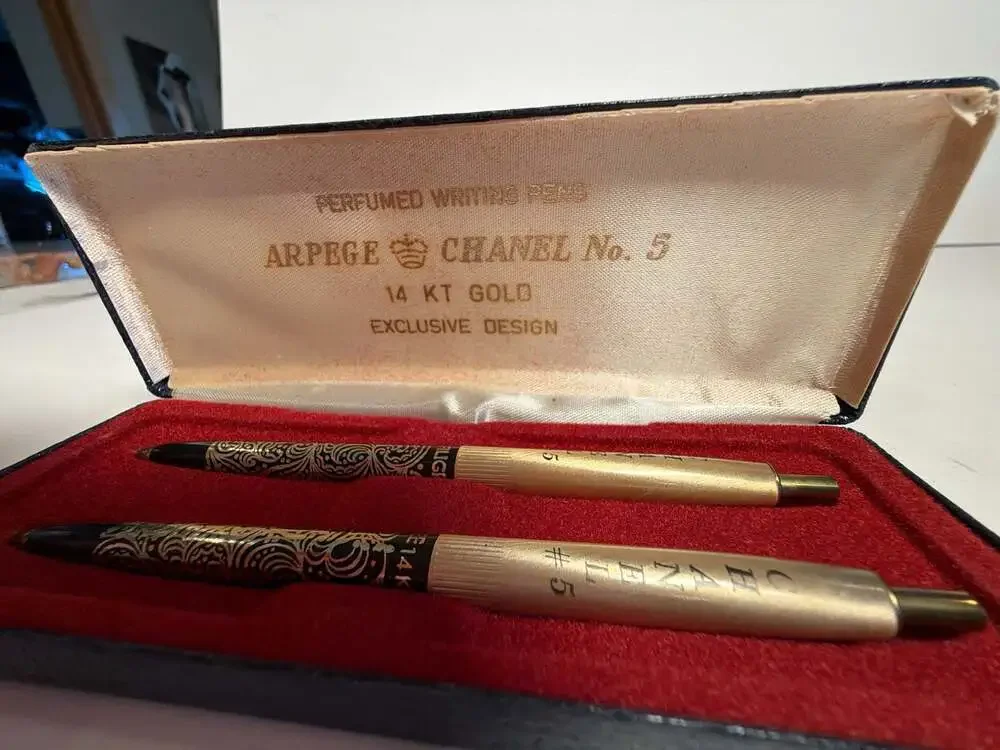 Vintage Arpege Chanel No. 5 14kt Gold Filigree Perfumed Writing Ballpoint Pens S